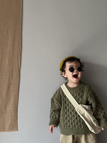 Houmei khaki color ~ children's sweater autumn and winter Korean style men's and women's trendy fashion thick retro pullover knitted twist