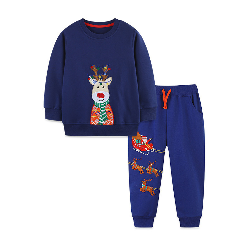 秋の男の子スーツヨーロッパとアメリカンスタイルのクリスマスヘラジカ刺繍子供長袖ツーピースファッション子供スポーツパンツ|undefined