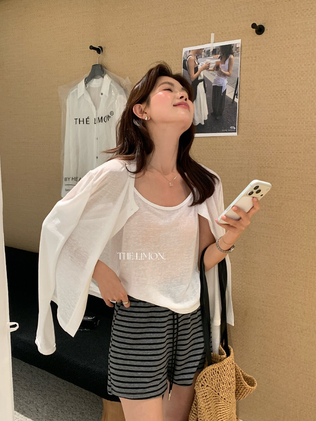 Bộ cardigan len mỏng kèm áo hai dây hai mảnh nữ mùa hè — Xám cacbon, xanh lam, màu hồng, Đậu xanh chi tiết 37