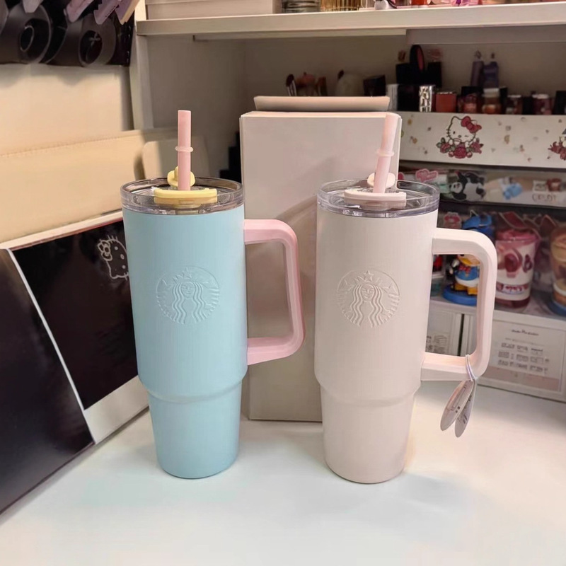 In-Stock Starbucks Cross-Border Stainless Steel 40oz Handle Car Cup Large Capacity 30oz Spray Plastic Straw Cup Car Portable