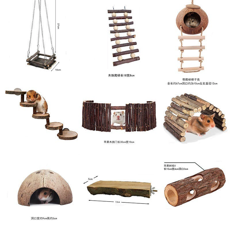 Игрушка для хомяка, качели, лестница, гамак из скорлупы кокоса, украшение в виде золотого медведя, ландшафтные материалы, платформа для прорезывания зубов, деревянный туннель с отверстием