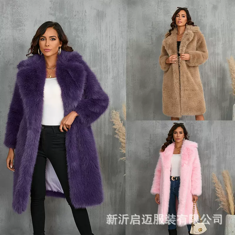 欧美跨境秋冬仿狐狸加厚长款西服领仿皮草大衣中长款毛绒皮草外套