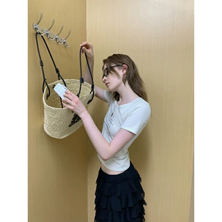 趋梦DT ETOLIE韩版字母印花圆领拼接poloT恤女装夏季小衫短款上衣