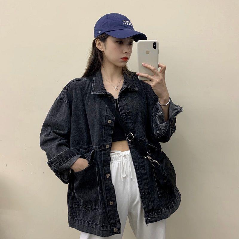 Abrigo de mezclilla para estudiantes mujeres primavera y otoño estilo coreano nuevo abrigo suelto BF versátil Bolsillo grande medio-longitud ropa de trabajo superior