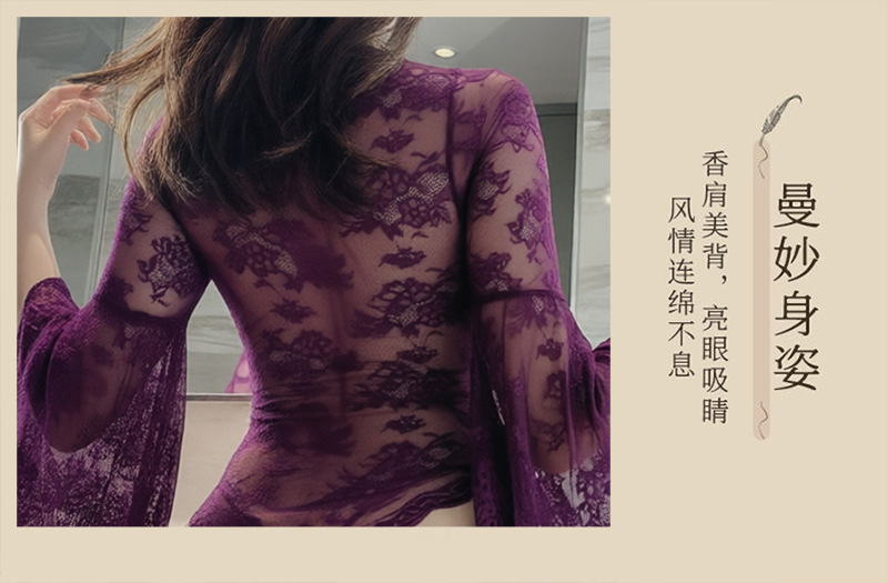 Lace Bell-Sleeve Jumpsuit Nightgown with Sheer Mesh and Purple Stockings — detail image 6