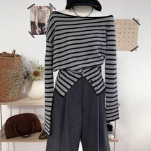撞色韩系小众条纹排扣不规则套头开叉针织衫上衣女春秋新款