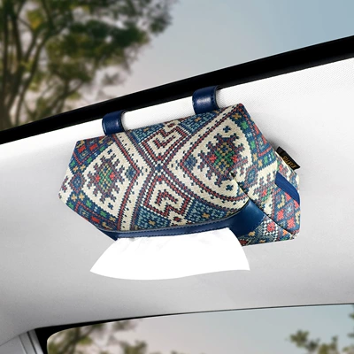 Car Sun Visor Leather Tissue Box, Light Luxury and High-End Feel, Car Sunroof Hanging Tissue Box, Multifunctional Storage Box (Car tissue box/set) - ethnic-style-car-tissue-box-blue