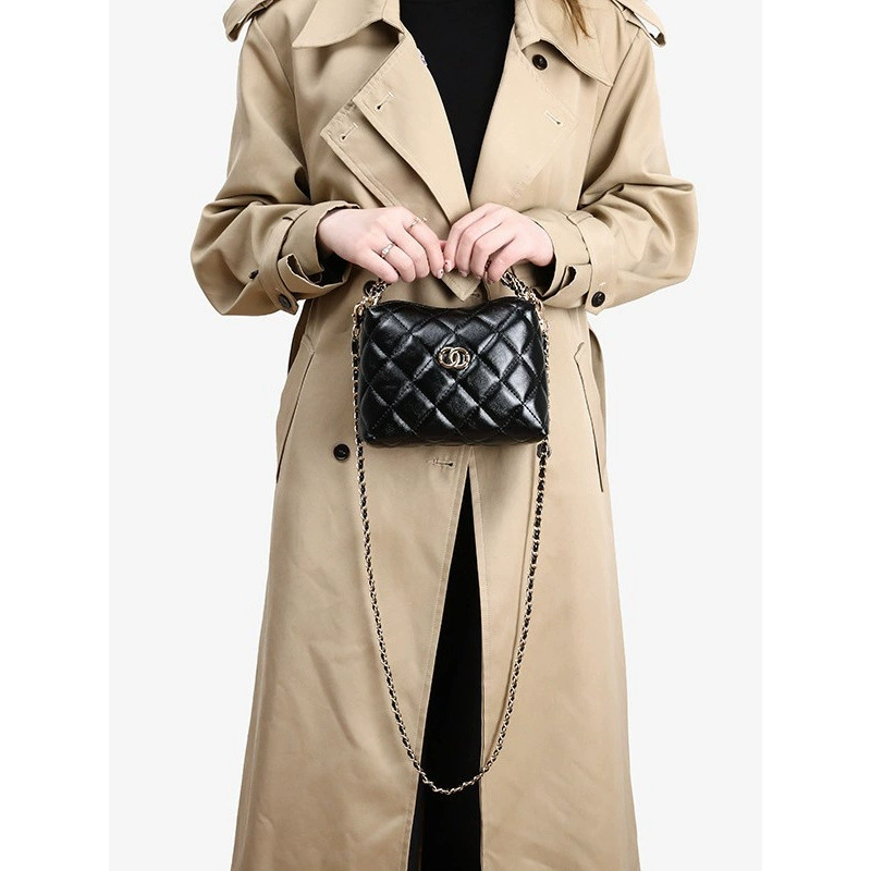 Chain, handle, lunch box, one-shoulder bag, genuine leather, Chanel style