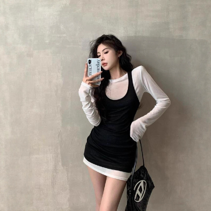 休闲正肩长袖T恤女秋季新款打底衫收腰修身显瘦纯色背心辣妹套装|undefined