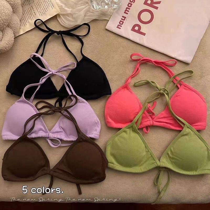 Sexy Strap Design Neck Lingerie Women's Summer Triangle Cup Inner Wear Beautiful Back Bikini Short Bra Top