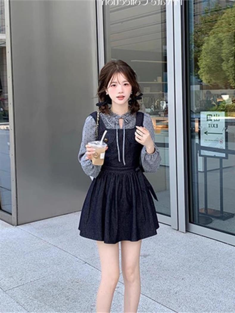 ChicShe Jeansanzug im französischen Stil für Damen, Herbstbluse mit Polka-Dots und Schnürung, sexy Tankkleid im Vintage-Look_voghion.com