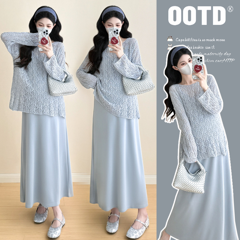 In Stock 2025 Autum Maternity Wear Simple and Fashionable Two-Piece New Knitted Cut Out Top + Maternity Suspender Skirt