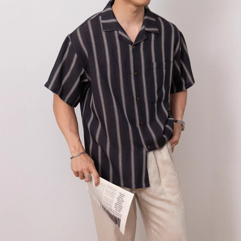 Nengmeng Japanese-Style Lyocell Striped Short-Sleeve Shirt for Men, Summer Lightweight and Relaxed Men's Short-Sleeve Shirt