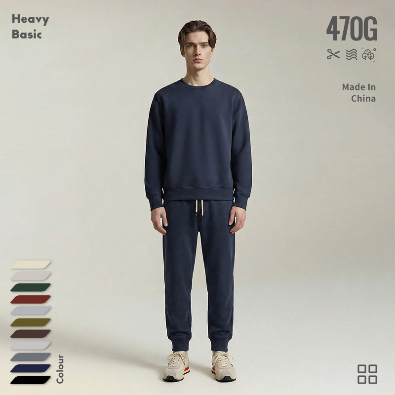 Cross-border 470G heavy-duty thickened fleece-lined pullover crew neck long-sleeve base layer sweatshirt set for men and women