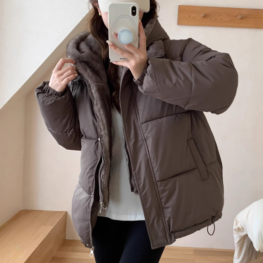 Falso de dos piezas de algodón empalmado de lana mujer 2025 invierno nuevo estilo coreano suelto chaqueta de plumón gruesa chaqueta de pan caliente