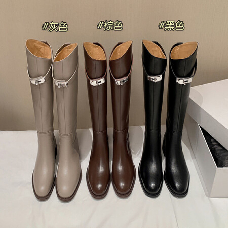 Genuine Leather French Retro Style Small Fragrance Lock Flat Knight Boots Petite Slanted Coffee Color High Boots for Women Genuine Leather French Retro Style Small Fragrance Lock Flat Knight Boots Petite Slanted Coffee Color High Boots for Women