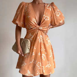 亚马逊工厂订制亚马逊女式连衣裙 2025 春夏深 V 领优雅蝴蝶结迷