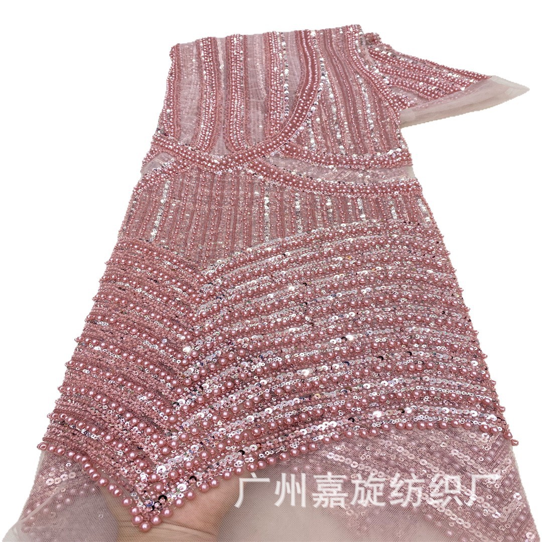 Tela de encaje africana de alta gama con cuentas pesadas, lentejuelas de cristal y bordados para vestido de novia, tela de moda. image 6
