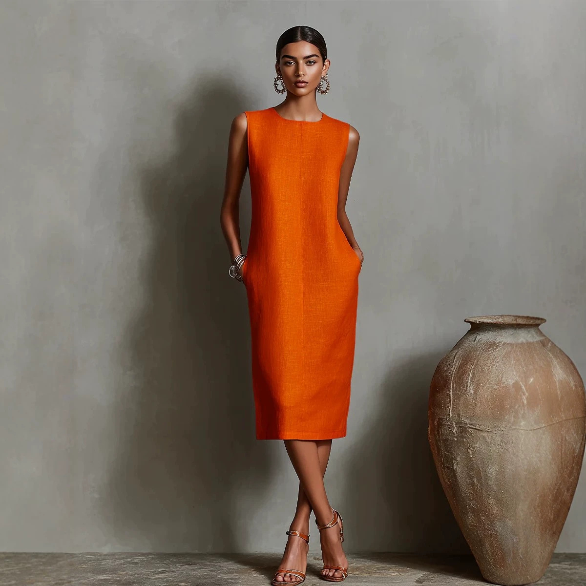 elegant dress sleevless with a round collar