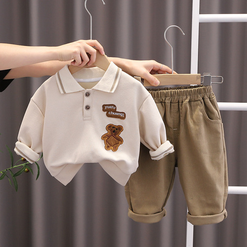 Commodore Autumn New Arrival Cute Bear Collar Set for Boys Children Fashion Trendy Korean Style Casual Two-Piece Set