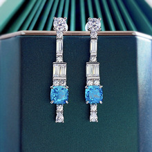 隆隆金珠宝新品S925银肥方冰花切6*6高碳钻海蓝宝钻耳环高级感