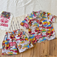 【】日系童裝小眾黑超兒童夏季塗鴉襯衫 短褲透氣棉布