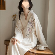 中国风刺绣睡袍女士春夏薄款纱布全棉浴袍睡衣长款浴衣汗蒸服