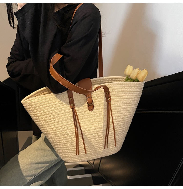 1125g Weight Weave Fashion Element Lock clasp Closure Type Double Shoulder Straps Strap Type Straw Bag Bags Type Casual Occasion cotton rope Material Solid Color Pattern Spring&Summer Season Women's Gender Beach Style Bucket Shape Large Size Women's Large Cotton Rope Solid Color Beach Weave Bucket Lock Clasp Straw Bag 9