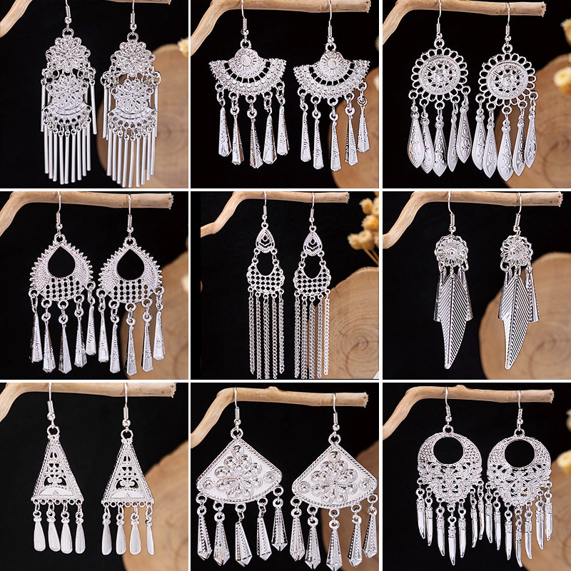 复古苗银少数民族风耳环 个性波西米亚风花朵耳坠长款流苏耳饰