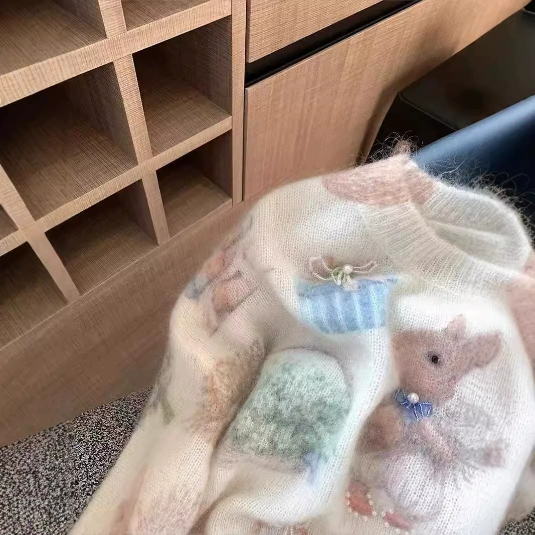 Маленький кролик с принтом бисером мохер свитер женский 2024 осень и зима