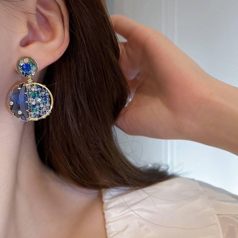 Retro Round Copper Earrings Inlay Rhinestone Zircon Copper Earrings