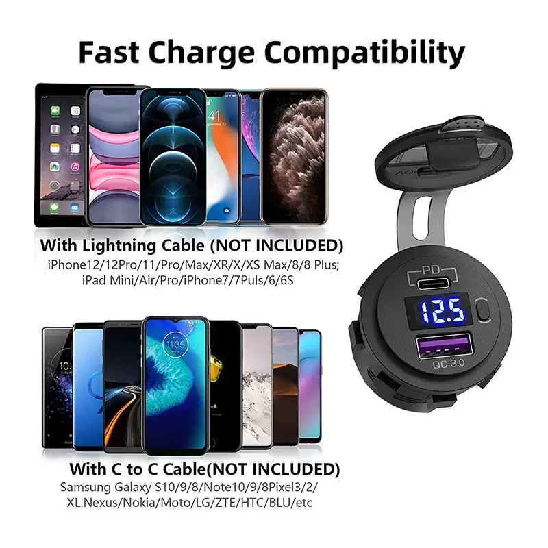 Cross-Border Hot Qc3.0 Modified Car Charger with Switch Two-Hole Fixed Panel Car Cigarette Lighter Socket Charger