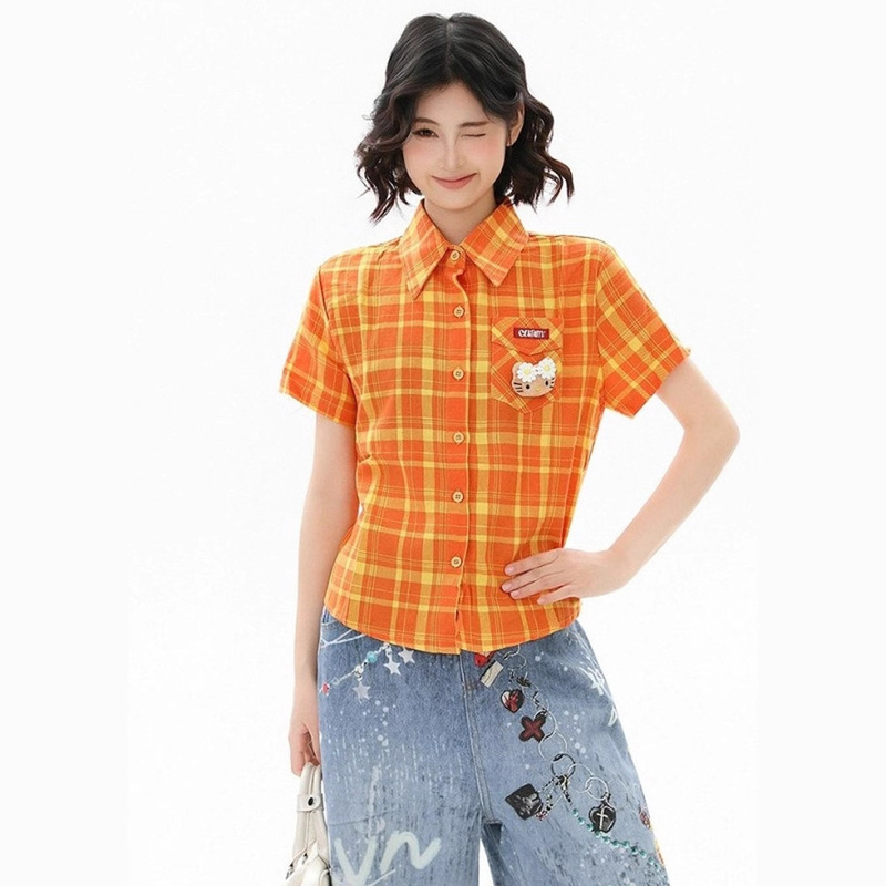 Kt Cat Dopamine Retro Plaid Short-Sleeved Shirt Women's Short Summer American Street Style High-End Work Clothing Shirt Kt Cat Dopamine Retro Plaid Short-Sleeved Shirt Women's Short Summer American Street Style High-End Work Clothing Shirt