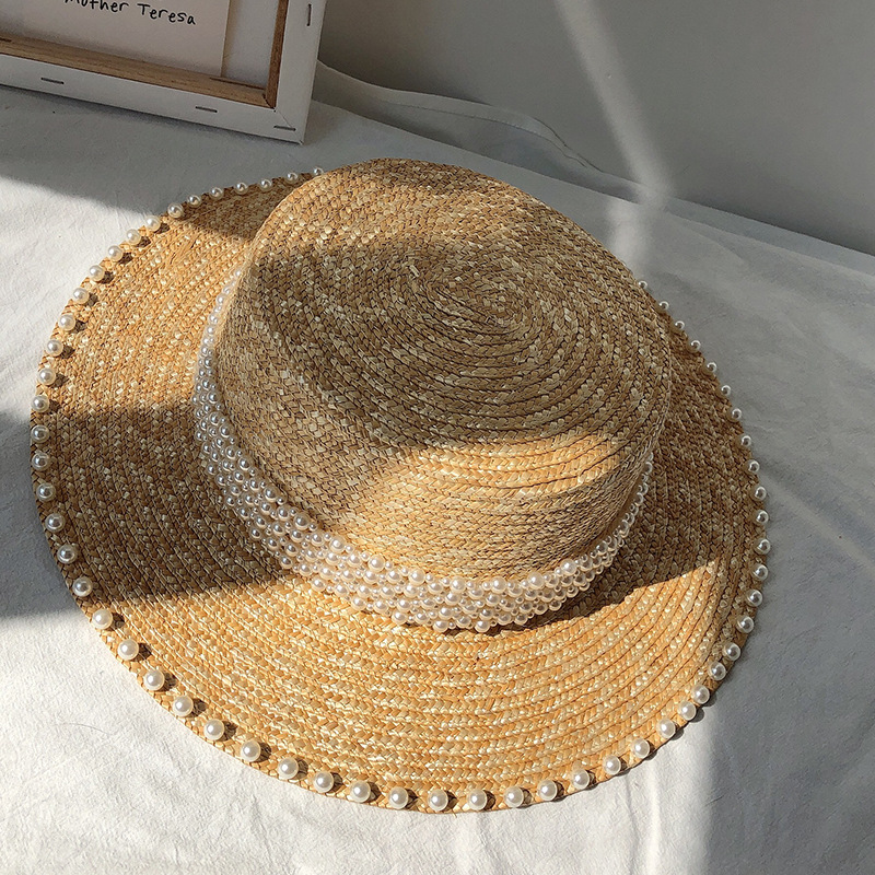 1260g Weight Sun Hat Hats Type Casual, Outdoor Occasion Straw Material Solid Color Pattern Summer Season Women's Gender Pearl Design Elegant, Simple Style Style Big Eaves Rim Women's Elegant Simple Style Solid Color Pearl Big Eaves Sun Hat 7
