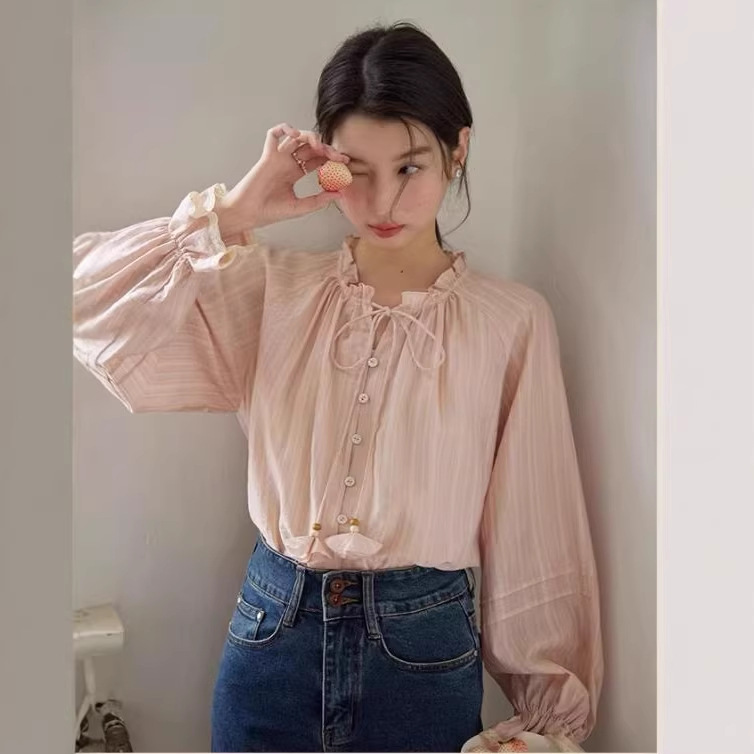 Nov Elist Spring Ruffled Collar Tie Long-Sleeve Shirt for Women, High-End Stylish Pink French-Style Top Nov Elist Spring Ruffled Collar Tie Long-Sleeve Shirt for Women, High-End Stylish Pink French-Style Top