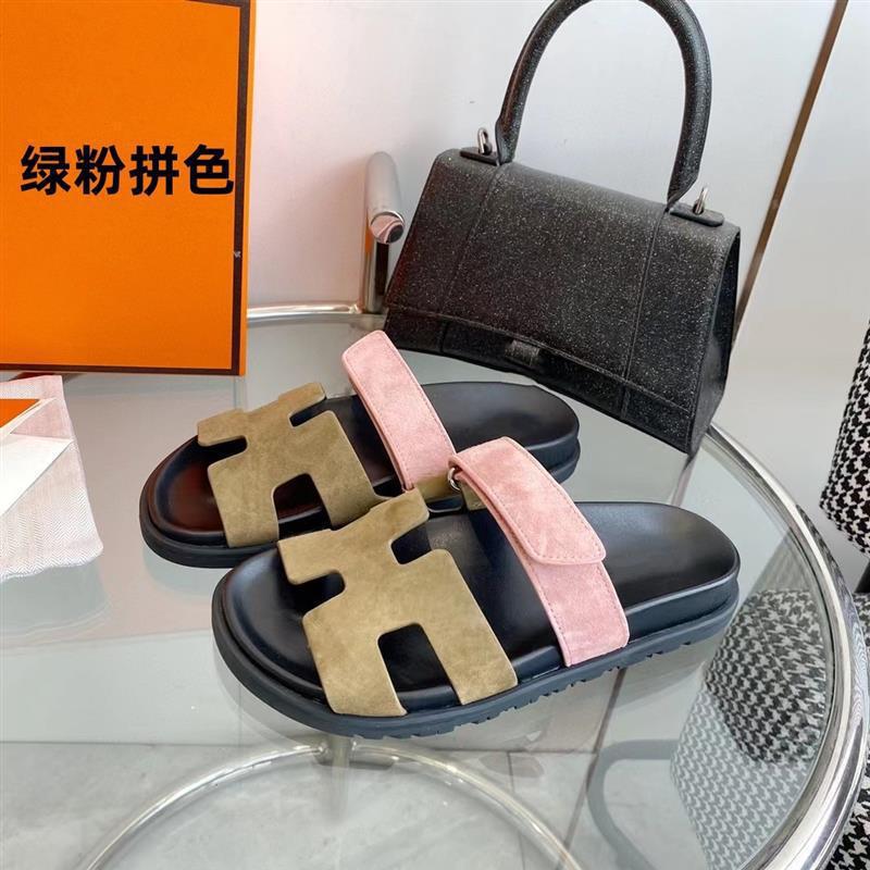女性用の高品質の二級サンダル、ビーチ用の第一層牛革ベルクロスリッポン、男性用のフラットビッグブランドスリッパ|undefined