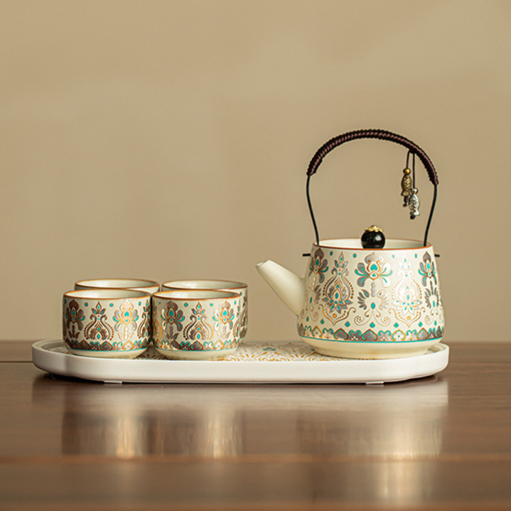 Dunhuang Gold and Silver Inlaid Teapot Small Set Ceramic Teapot Teacup Household Kung Fu Tea Set One Pot Four Cups Set