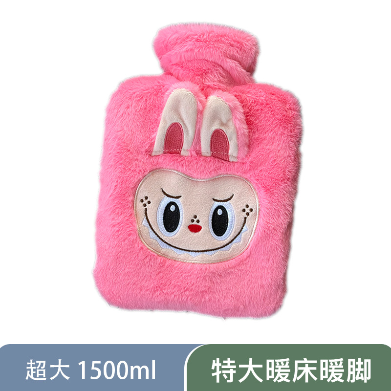 [1500ML 핑크丨플러시 자수] 라부부 사각 뜨거운 물병