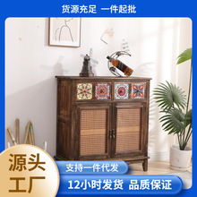 实木复古斗柜客厅储物柜彩绘柜子欧美风阳台置物柜收纳柜家用美式