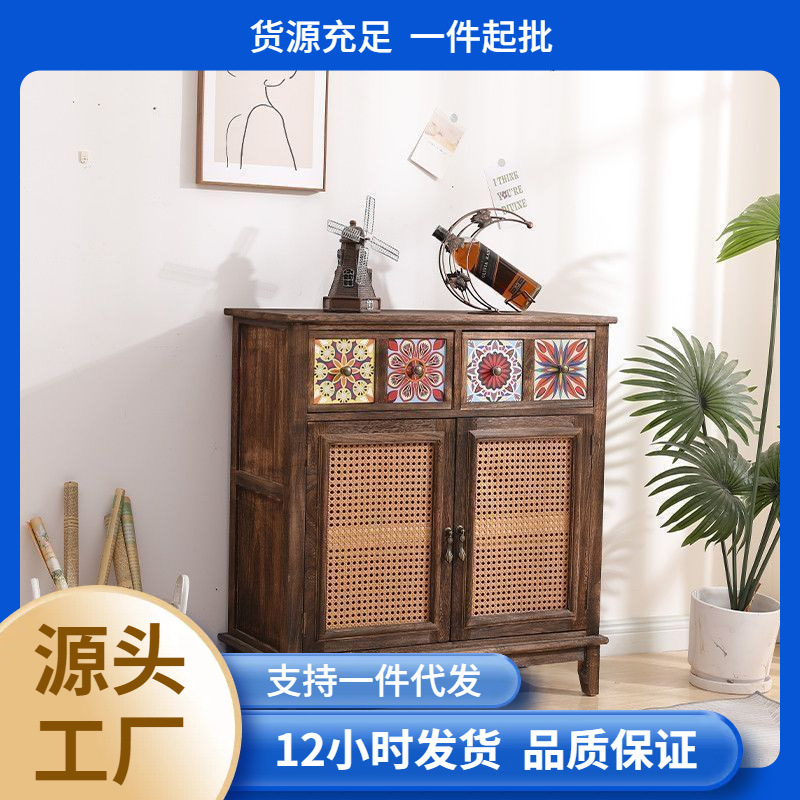 实木复古斗柜客厅储物柜彩绘柜子欧美风阳台置物柜收纳柜家用美式
