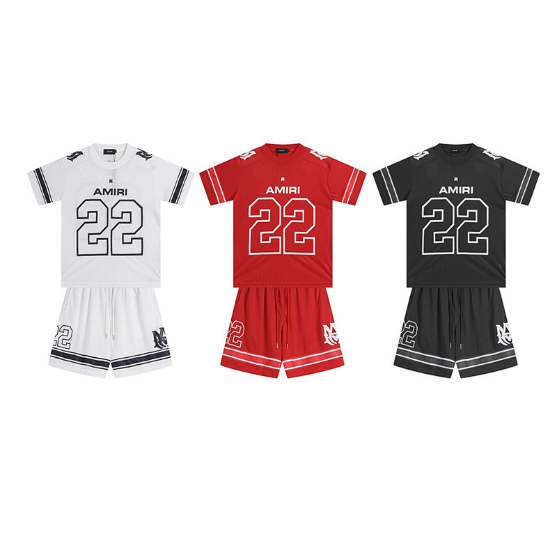 24sクロスボーダー欧米潮牌amri微標22メッシュ通気半袖tシャツ男女高街運動半ズボンセット|undefined