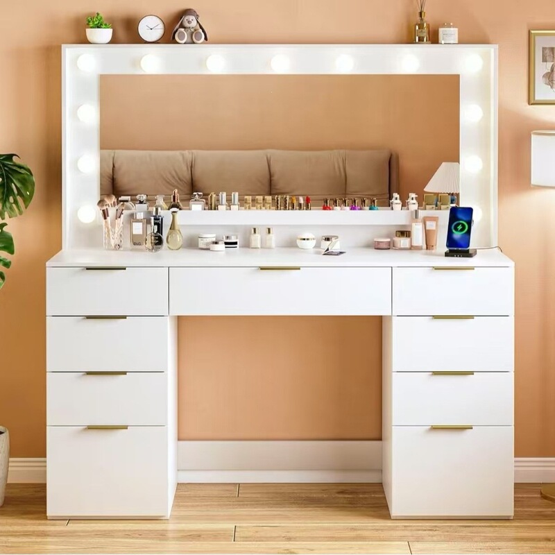 Cross-Border Dressing Table with Large Mirror and Lights 45.3inch Multi-Functional Makeup Dressing Table with Power Supply Cross-Border Dressing Table with Large Mirror and Lights 45.3inch Multi-Functional Makeup Dressing Table with Power Supply