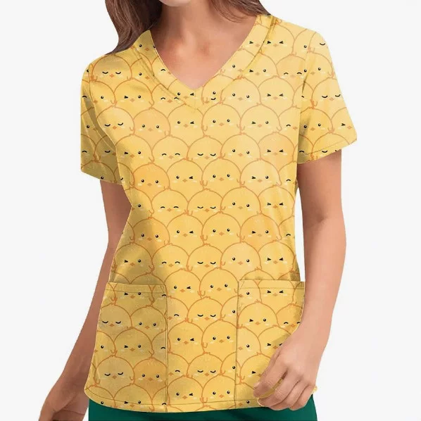 2026 Cross-Border Foreign Trade Mid-Length Women's Nurse Uniform Short-Sleeved Cartoon Digital Print European and American Hot-Selling V-Neck T-Shirt