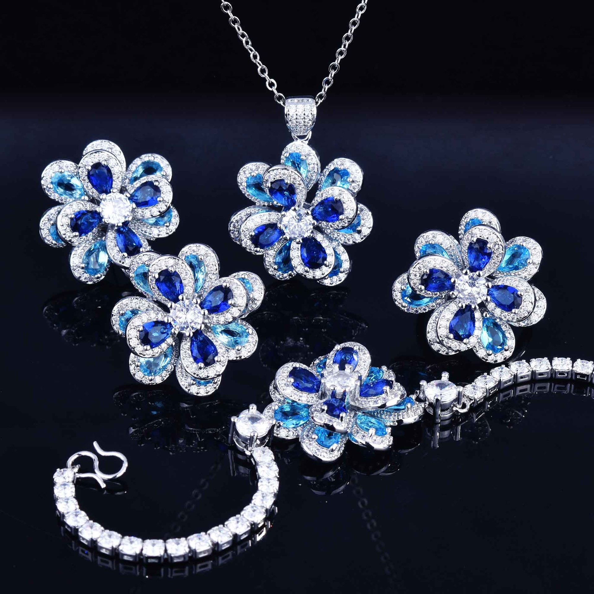 European And American Temperament Color Zircon Flower Earrings Simple Three-dimensional Camellia Pendant Open Ring display picture 13