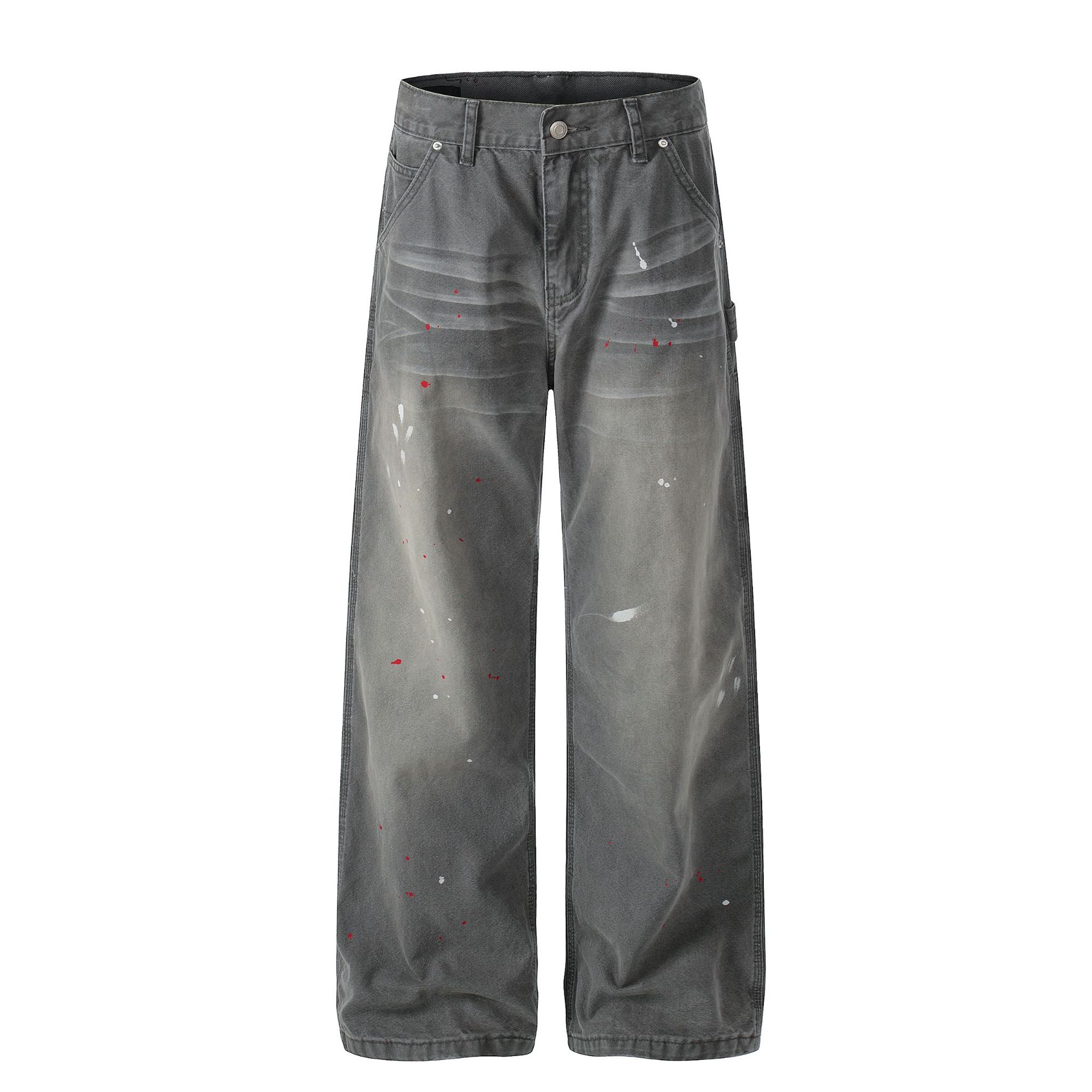 Men's Wide Leg Jeans High Street Style Z059 Whisker Texture Artificial Paint Splatter Design_mkmklike.com