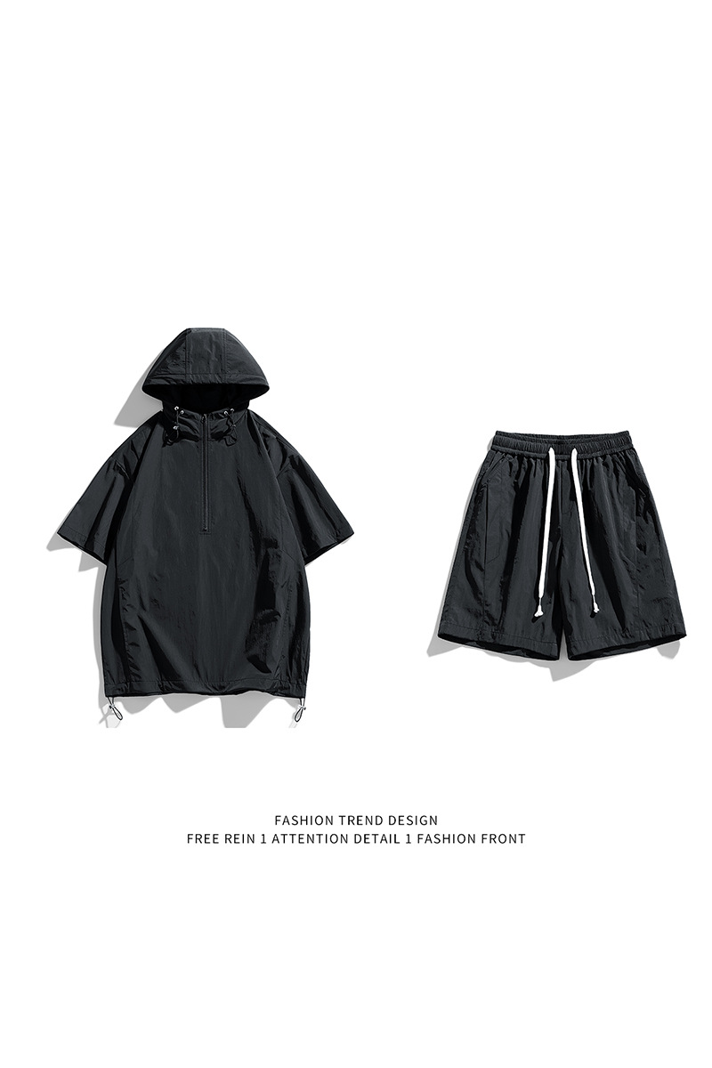 设计感半拉链连帽休闲工装套装