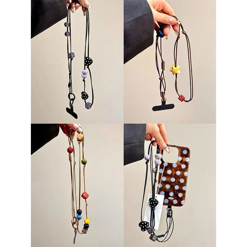 Original button-shaped wooden phone lanyard with retro design, handmade beaded high-value phone chain
