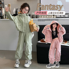 女童工裝褲套裝春秋2024新款兒童洋氣時髦春款時尚外套女大童春裝