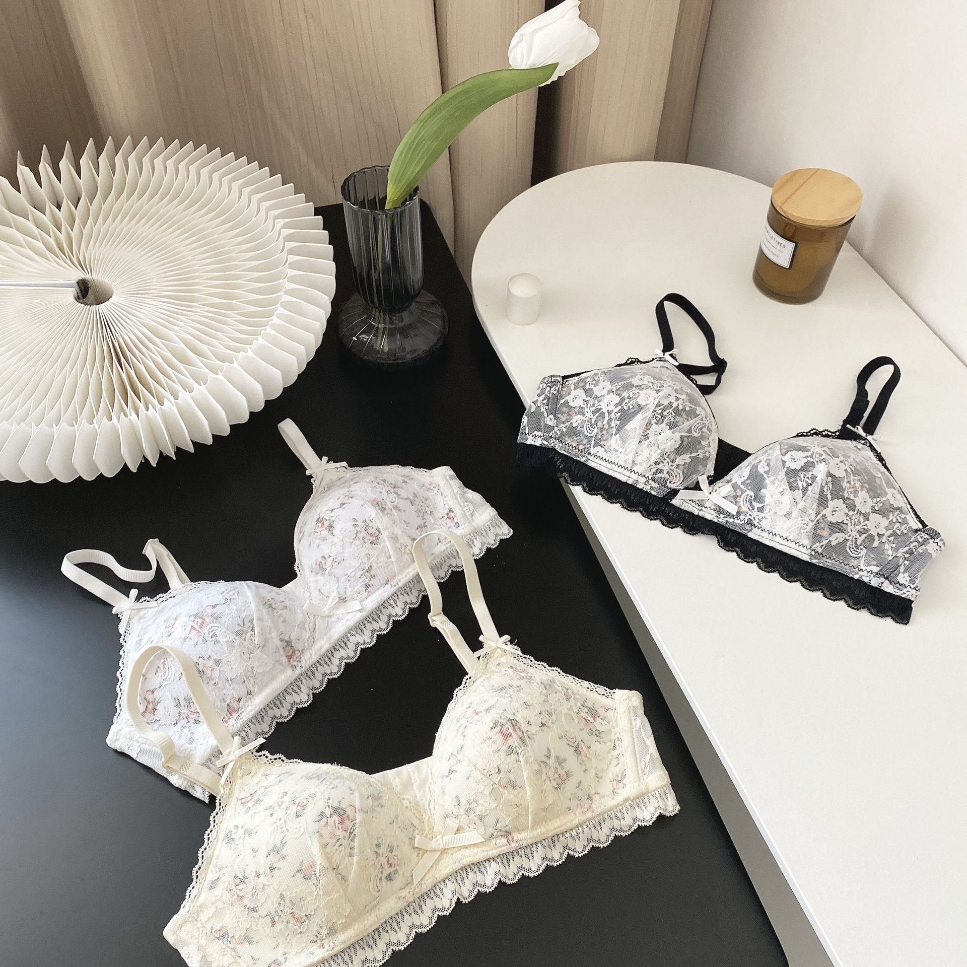 Ropa interior floral para niñas, pechos delgados y pequeños, ropa interior de copa triangular francesa, sujetador de verano para mujer, sujetador de encaje, sujetador