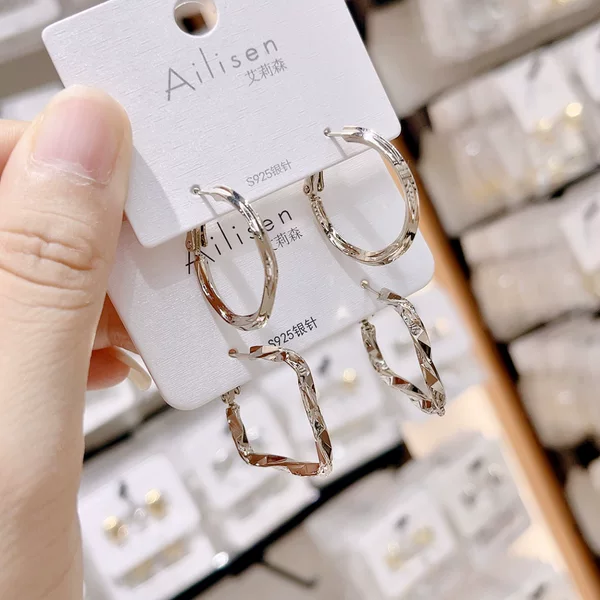 Unique Textured Twisted Square Earrings S925 Silver Studs Minimalist Style Coffee Gold Metal Geometric Hoop Earrings